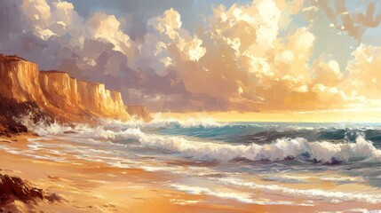 Naklejka premium Golden Cliffs Dramatic Ocean Waves Sunset Beach Scene