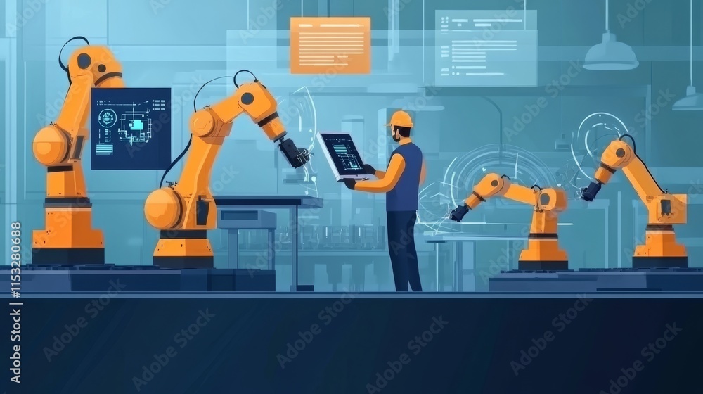Poster an engineer operates a tablet to control robotic arms in a modern, high-tech factory. the environmen