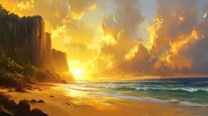 Golden Sunset Over Coastal Cliffs And Ocean Beach