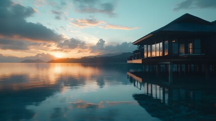 Obraz premium Multiple angles of an overwater bungalow reflecting on crystal-clear waters during sunset, in 4K resolution