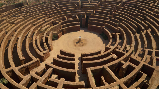 A complex wooden maze building up view shot; a maze in desert area 