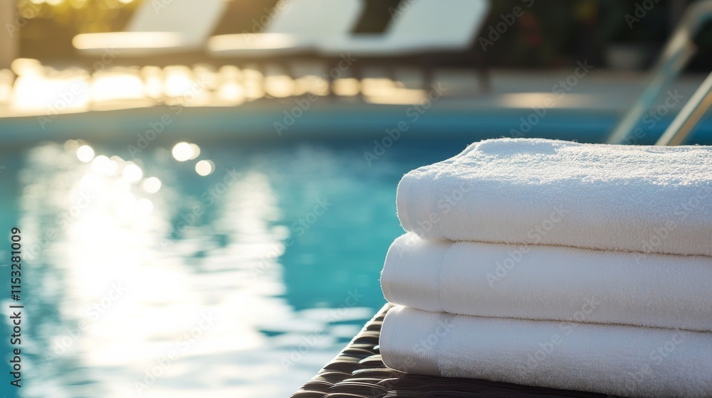Poster A serene poolside setup with neatly stacked towels and a clean pool with crystal clear water, A sunny outdoor area with comfortable lounge chairs, Minimalist leisure style