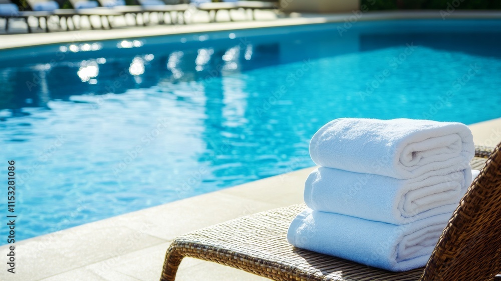 Poster A serene poolside setup with neatly stacked towels and a clean pool with crystal clear water, A sunny outdoor area with comfortable lounge chairs, Minimalist leisure style