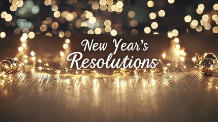New Year’s Resolutions Text Over Sparkling Lights on Wooden Table for Celebratory Background