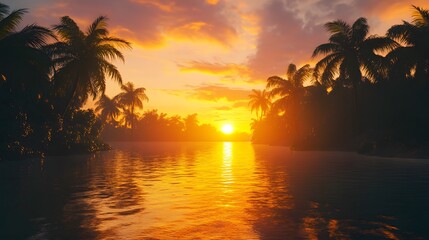 Obraz premium Multiple angles of a serene sunset over a calm lagoon, wiP reflections glowing softly on Pe water, in 4K resolution