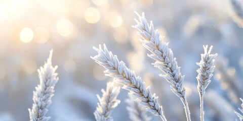 Frost covered wheat stalks glisten in the morning light, showcasing the beauty of nature. This high quality photo captures the delicate frost on wheat stalks in a serene landscape.
