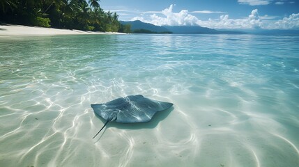 Close-up of a stingray gliding gracefully over shallow, clear waters near a pristine beach, in 4K resolution