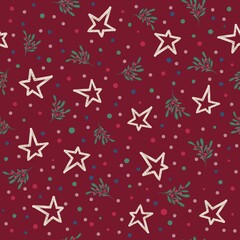 Obraz premium Seamless pattern design with stars and mistletoe on dark red background