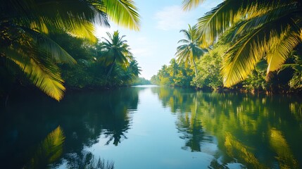 Obraz premium Wide angle and close-up of lush palm trees casting reflections on a calm lagoon, in 4K resolution