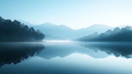 Obraz premium Serene Misty Lake Morning Mountains Trees Reflections