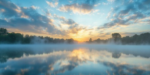 Fototapeta premium Dawn over the lake reveals a serene early summer morning as large, thick clouds of mist rise gracefully above the tranquil water, creating a peaceful and enchanting atmosphere at dawn on the lake.