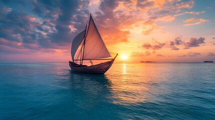 Multiple angles of a traditional Maldivian dhoni boat at twilight, glowing softly under a serene sky, in 4K resolution