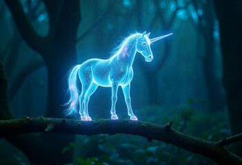 A mystical unicorn with a translucent, glowing body, as if made of glass or crystal, perched on a tree branch in a dense, otherworldly forest. The unicorn's form radiates vibrant shining energy