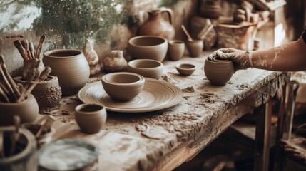 A serene pottery session in a cozy studio, Clay and pottery wheels set for artistic creation, Artisanal craft style