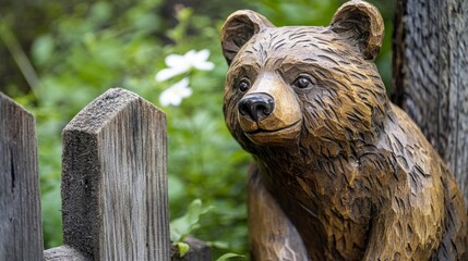 Obraz premium A wooden bear carving near a fence showcases intricate craftsmanship, highlighting the rustic charm of outdoor spaces during spring, where nature meets artistry in beautiful harmony.