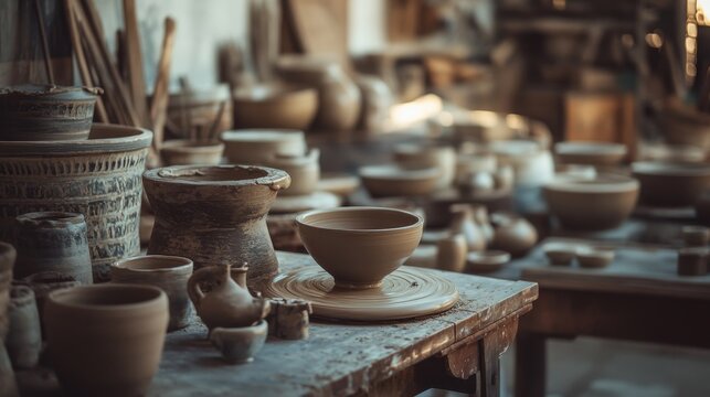 A serene pottery session in a cozy studio, Clay and pottery wheels set for artistic creation, Artisanal craft style