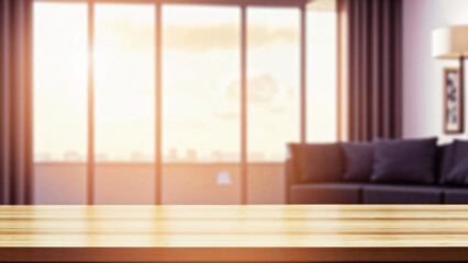 Fototapeta premium Empty table with abstract blurred background. blur living room.