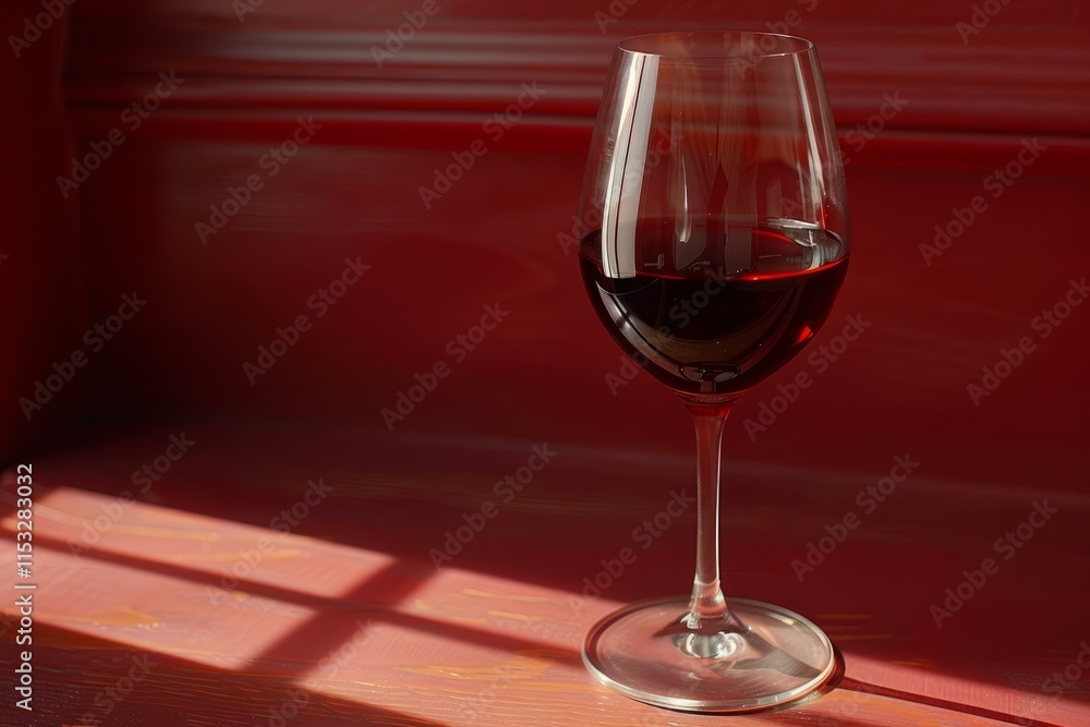Poster elegant glass of red wine sits on a red surface, illuminated by a window's shadow, creating a sophis
