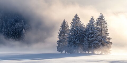 Fototapeta premium Alpine Winter Landscape Trees Blanketed in Snow with a Misty Fog Enveloping the Scene