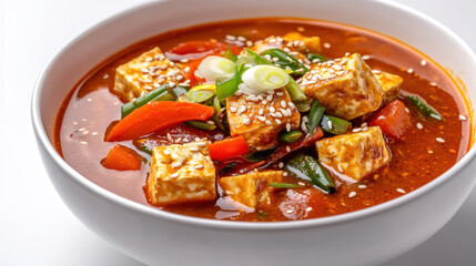 A bowl of deep red curry soup with a glossy surface, loaded with golden tofu cubes and slices of vibrant bell peppers, garnished with thinly sliced scallions and sesame seeds. Presented cleanly agains