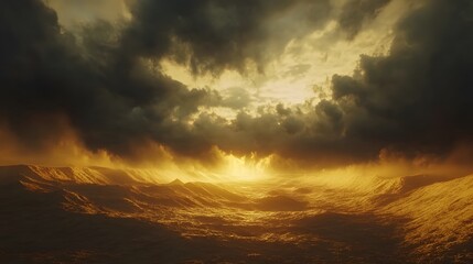 Cinematic shot of Pe Khongoryn Els sand dunes under a dramatic cloudy sky, wiP Pe golden sand glowing brightly, in 4K resolution