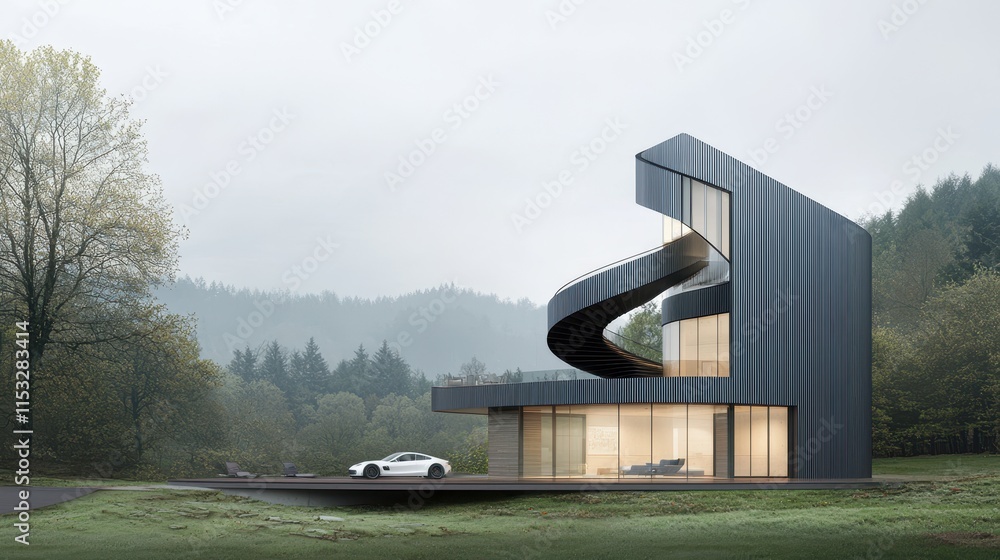 Aufkleber modern architectural design of a sleek house with unique spiraling structure