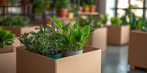 Unpacked cardboard boxes containing decorative plants intended for moving, packaging, and relocating. An environmentally conscious approach for transporting cargo effectively.