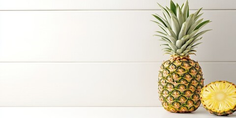 A fresh pineapple is prominently featured in a close up view on a white table, set against a diagonal white background that provides ample copy space.