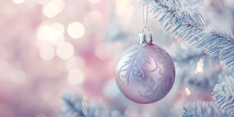 Hanging Christmas ball in soft focus creates a beautiful seasonal atmosphere. The hanging Christmas ball adds a charming touch to festive decor, showcasing the elegance of the holiday spirit.