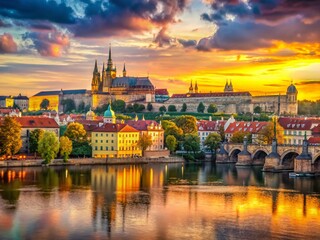 Obraz premium Panoramic Prague: Castle, Charles Bridge, Vltava River