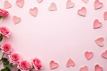 Illustration of a love-themed flatlay background featuring hearts, roses, and romantic elements arranged elegantly.  .