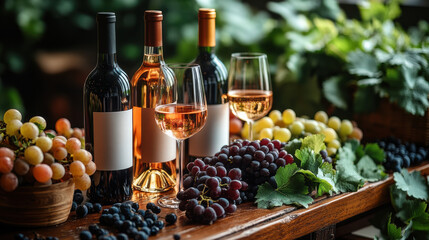 Obraz premium vibrant display of wine bottles, glasses, and fresh grapes on rustic wooden table