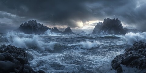 Obraz premium Stunning epic storm view of Cyclops Isles showcasing dramatic skies and rough waters. Experience the beauty of Cyclops Isles with black volcanic stones in this breathtaking perspective.