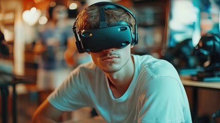 elevate your game room: stunning virtual reality gaming setup with immersive landscapes & intense colors - perfect poster for any gaming culture space!