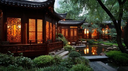 Fototapeta premium Tranquil Chinese Garden with Traditional Architecture at Dusk Illuminated by Lanterns