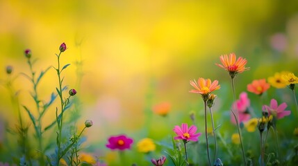 Fototapeta premium A vibrant wildflower meadow in spring showcases colorful blooms, captured with a shallow depth of field, highlighting the beauty of wildflowers in their natural habitat.