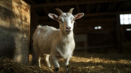 Obraz premium Goat inside a barn, showcasing the charming presence of a goat in a rustic setting. The goat s playful nature brings life to the barn environment, emphasizing the bond between farm animals and their