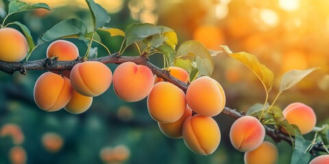 A cluster of fresh, ripe apricots hanging from a branch, showcasing the vibrant color and texture of ripe apricots ready for harvest. The ripe apricots are a delightful sight in nature.