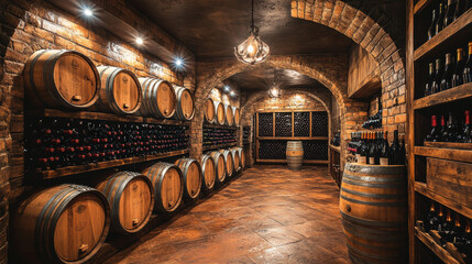 rustic wine cellar with wooden barrels and shelves of wine bottles under warm lighting