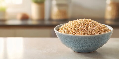 Closeup of dry wheat groats in a bowl on a light table, showcasing the texture and color of dry wheat groats in a serene setting. Perfect for highlighting dry wheat groats in culinary contexts.