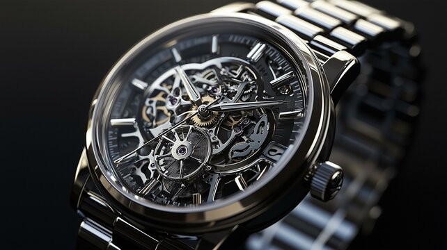 Photorealistic ad for luxury wristwatch with metallic strap, intricate dial, and minimalist background
