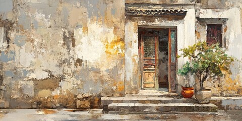 Fototapeta na wymiar Enchanting Oil Painting of Ancient Chinese Water Town in Winter: AI-Generated Illustration for Creative Marketing. Atmospheric Jiangnan Scenery with Snowy Rooftops and Misty Canals. Artistic Wallpaper