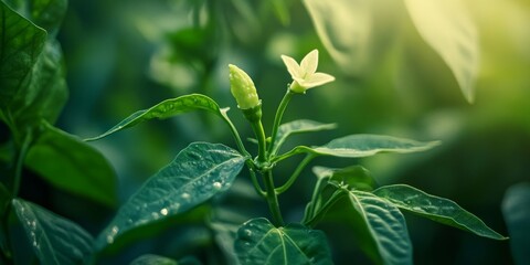 Green pepper developing on a plant, while a delicate mini pepper flower struggles to receive sunlight, showcasing the relationship between green pepper growth and light exposure.