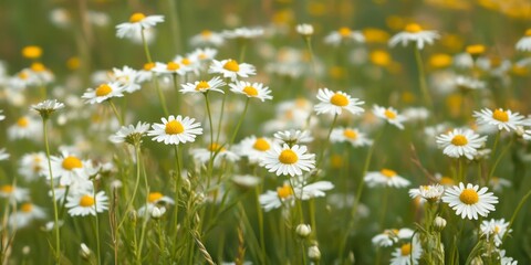 Fototapeta premium Blooming wild flower Matricaria Chamomilla, also known as chamomile, showcases its vibrant beauty in a summer meadow. This wild chamomile, often referred to as German chamomile, thrives abundantly.