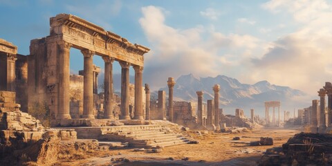 Obraz premium Stunning archaeological ruins showcase the grandeur of ancient architecture, with beautiful archaeological features capturing the essence of historical significance and cultural heritage.