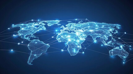 A blue and white globe with a network of lines connecting it