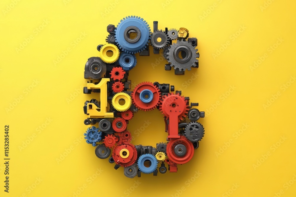 Poster the image is a creative representation of the number six using gears