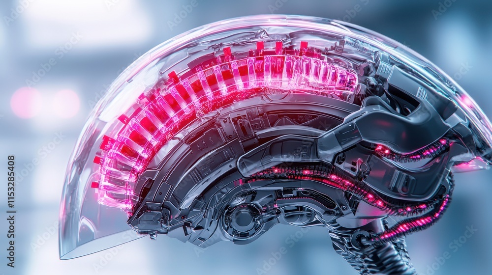 Poster futuristic transparent robot brain with neon lights and high-tech circuitry elements