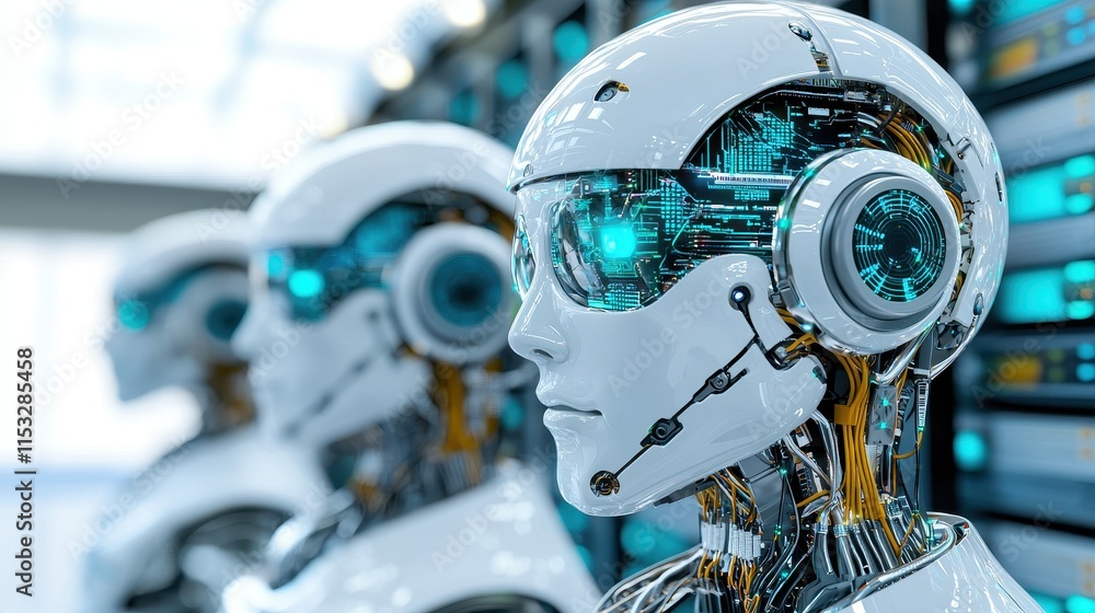 Poster futuristic robots with glowing eyes in a high-tech server room setting
