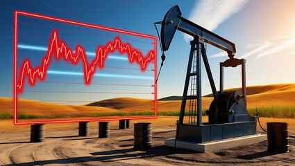 A vintage-style oil pump jack, set against a vibrant digital graph displaying fluctuating oil prices in bold, crimson lines and luminescent blue markers

